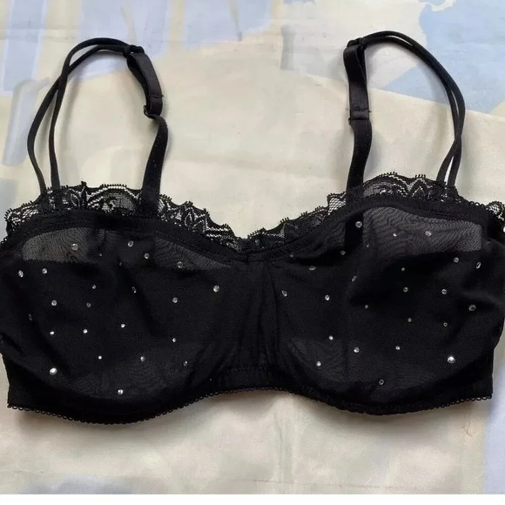 H&M Balcony Bra U/Wired Non-Padded W/ Rhinestone Sexy Mesh & Lace 34D Black VTG